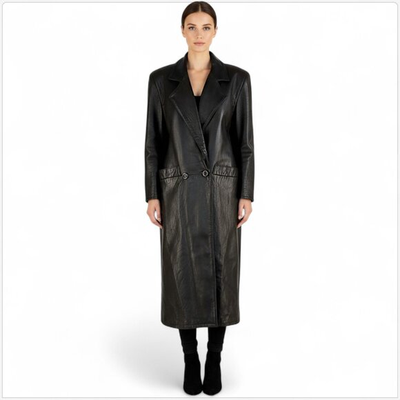 Vakko Vintage Long Black Leather Trench Coat Jacket Textured Pebbled Retro XS - Picture 1 of 7